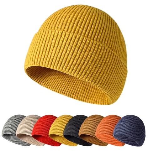 Enwokran Wintermütze Strickmütze Einteilig Nahtlos, Unisex, Dehnbar Stretch Bequem Atmungsaktiv Beanie Mütze Roll up Edge Cuffed Schädeldecke Fisherman Hut (Gelb)