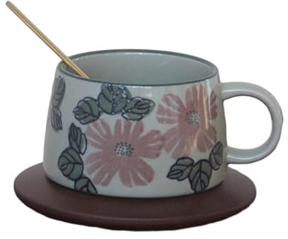 CAPIJIONG 380ml/13oz Vintage Coarse Pottery Mug Hand-Painted Chinese Floral Coffee Cup Plate Set-Green glazed azalea cup color box set