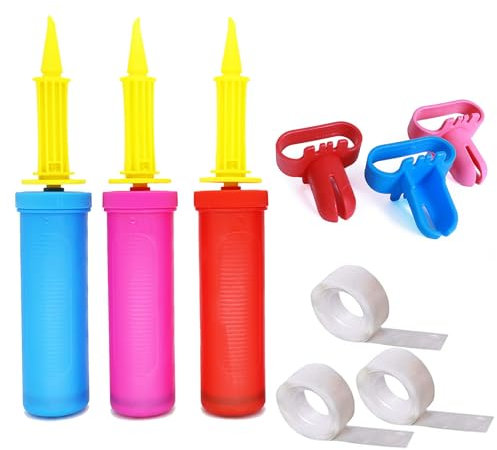 Balloon Pump Hand, 3 Pcs Two-Way Dual Action Air Pump For Balloons, 3 Balloon Knotters, 300 Glue Dots, Balloon Pump, Suitable For Party Decoration Balloons, Fitness Balls (Random Color)