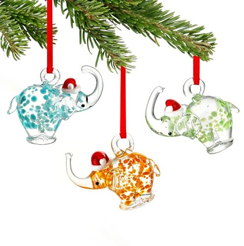 HDCRYSTALGIFTS Elefanten-Weihnachtsschmuck, geblasenes Glas, Elefant mit Hut, Weihnachtsbaum, dekorative hängende Elefanten-Dekoration für Zuhause, Weihnachtsdekoration, Andenken, Geschenke, 3 Stück