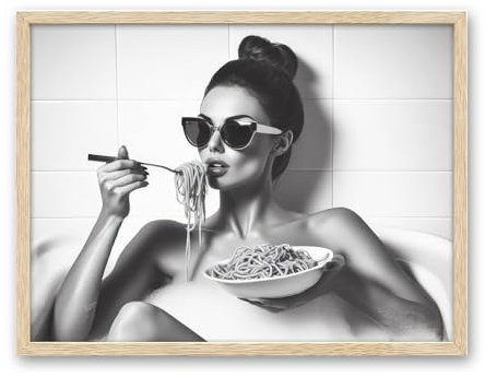 iHery Kunstdruck auf Leinwand, Motiv Frau isst Spaghetti in der Badewanne, 30,5 x 40,6 cm, beigefarbener Rahmen, Frau, die Pasta isst, Leinwanddruck, schwarz-weiß, Badezimmer-Poster, Retro-Dekor, 1