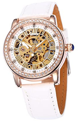 GALPADA Reloj De Pulsera Mecánico Automático con Gemas Falsos Acero Inoxidable Correa De PU para Mujeres