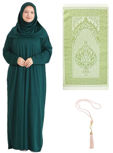 Prien Frauen Gebetskleidung Mit Hijab Gebetsperlen Gebetsteppich, Damen Muslim Kleidung, Islam Abaya Set, Ferace Tesettür Giyim, Islamische Langarm Kleid, Kopftuch, Gebetskleid Für Ramadan (Smaragd)
