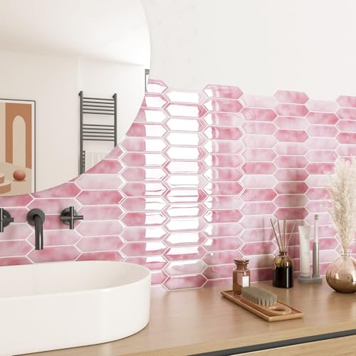 ReWallpaper 34 Stück Fliesen Selbstklebend Rosa Klebefliesen Küche Pink Hitzebeständig Fliesenaufkleber Bad Rosa Wasserfest 3d Vinyl Wandfliesen Aufkleber für Duschrückwand 30.5x30.5cm