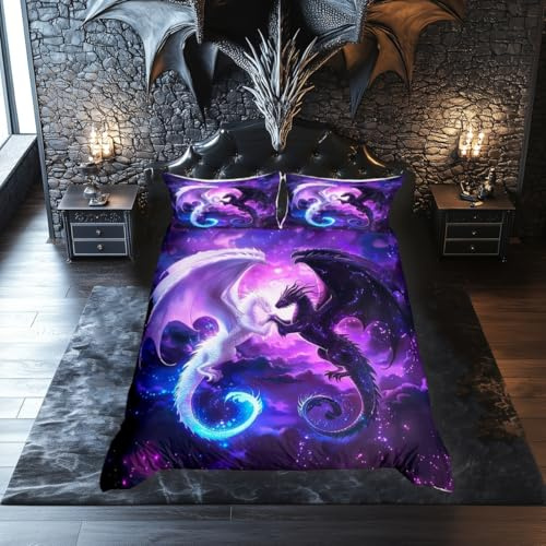 Schwarz-weißer Drachen-Bettbezug, Doppelbettgröße, Nebel-Stern-Glitzer-Bettwäsche-Set für Kinder, Teenager, Paare, Erwachsene, Raumdekoration, westliche magische Wildtiere, violett, Bettdeckenbezug, 1