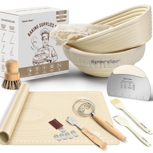 Spardar Sourdough Starter Kit, Sourdough Proving Basket, Comes with 23 cm Rounds and 25 cm Oval Sourdough Baskets, Danish Dough Whisk, Dough Scraper, Kneading Mat and Brush