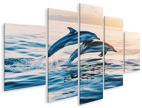 islandburner Prime Bild auf Leinwand Delfine springen bei Sonnenuntergang im Meer für Wohnzimmer Naturliebhaber Wellnesscenter Bilder Wandbilder Poster