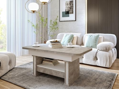 designimpex DA-555 Couchtisch Beton/Weiß matt ausziehbar höhenverstellbar mit Schublade 120/200 cm modern Wohnzimmertisch Esstisch abgerundete Ecken Sofatisch platzsparend hochwertig Wohnzimmer