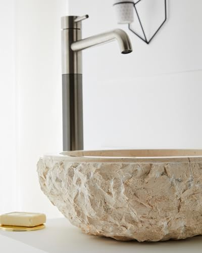 MG Valencia ARUBA Vasque à Poser en Pierre. Lavabo Salle de Bain Crème, Vasque Ronde, Pierre Naturelle, Lavabo WC, 100% Marbre, Sans Trou pour Robinet, Design Minimaliste, LxLxH:40×40×15cm