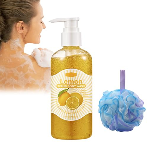 Body Scrub Wash Fruchtiges Duschpeeling 280ml Feuchtigkeitsspendendes Duschgel mit Luffa, Natürliches Körperpeeling mit Fruchtextrakt für Strahlend Glatte Haut (Zitrone)