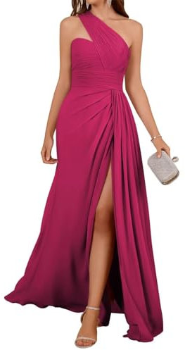 HPPEE Vestidos de dama de honor de satén de un hombro para mujer con abertura plisada de gasa vestido formal largo, fucsia, 58 Grande