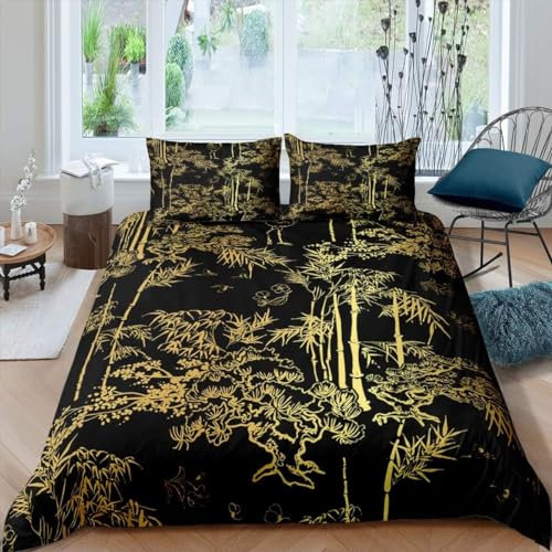 richhome Luxe Or Noir Housse de Couette 140x200cm Bambou Ensemble de literie Hommes Femmes Chambre supérieure, Plantes orientales Parure de Lit Oriental Cadeau Housse de Couette élégant