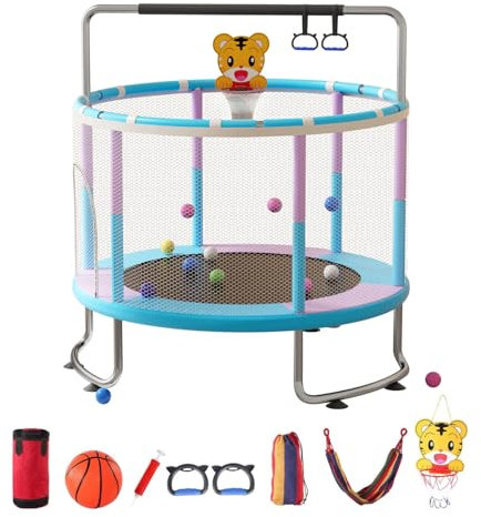 Toddler Trampoline,Indoor Outdoor Kids Trampoline,5FT 200kg 1-6 Years Old Adjustable Mini Garden Toddler Trampolines with Basketball Hoop,Swing,Sandbag,Ocean Balls,Enclosure Net (Blue)