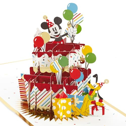Hallmark 3D Pop Up Birthday Card, Disney Mickey Mouse & Pluto, Gold Foil | Popped Up Card Measures 13.5cm X 34.6cm X 11.9cm, Recyclable, Signature White Envelope with Gold Interior, Multicoloured