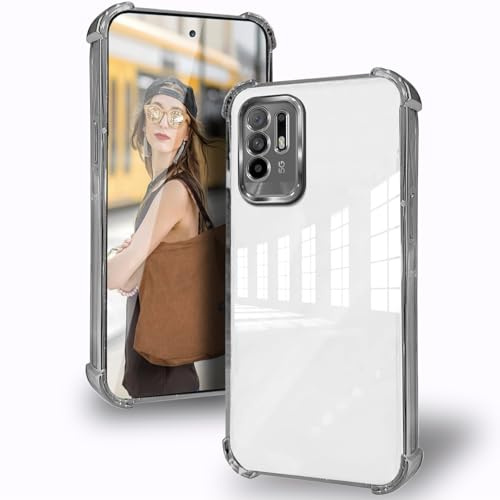 DESSEN Funda para OPPO A94 5G con Protector Lente Camara & Esquinas Reforzadas Antigolpes Carcasa Silicona Transparente Móvil Case Suave TPU Antiamarilleo, Plateado