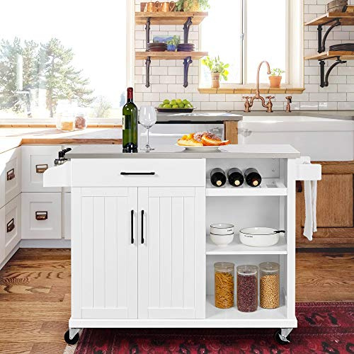 Yaheetech Kitchen Island on Wheels, Rolling Island with Stainless Steel Worktop, Storage Trolley with Large Drawer & Wine Rack & Spice Rack, Sideboard Buffet with Towel Bar, White