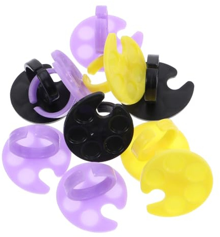 SKISUNO 10pcs Nail Color Mixing Trays Wearable Finger Ring Plate for Nail Art Polish Glue Holder Lightweight Cosmetic Paint Board for Blending Gel Polish and Foundation Random Color