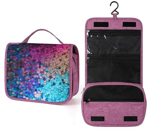 ELUZZIZUT Travel Toiletry Bag for Women with Hanging Hook Makeup Bag Glitter Sequin Spot Waterproof Cosmetic Bag