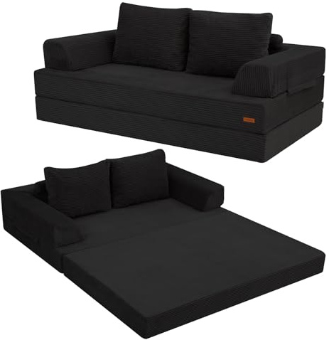 COMAX Futon Sofa Bed, Convertible Folding Sofa Bed, Boneless Couch Loveseat Corduroy with Pillows, Small Foldable Floor Couch Comfy Lounge Sleeper for Living Room Bedroom, Black