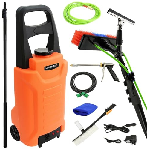 MAXBLAST 30L Water Fed Window Cleaning Pole & Trolley System, 20ft Telescopic Aluminium Pole with Brush & Squeegee, Battery Powered Mobile Cleaner