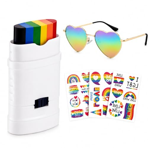 Pride Accessoires Set, Regenbogen Brille Herzform, Make up Stick Gesichtsbemalung + Tattoo Sticker, Festival Outfit Damen, Pride Outfit, LGBTQ Accessoires für Parade, Party, CSD