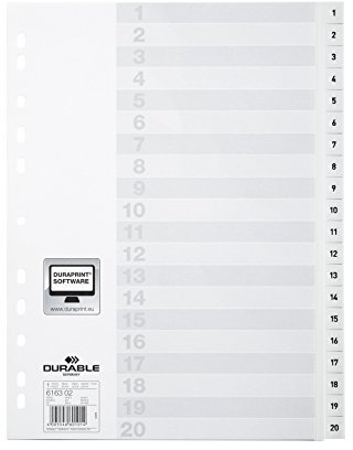 DURABLE Hunke & Jochheim Register, PP, 1 - 20, weiß, DIN A4, 215/230 x 297 mm, 20 Blatt