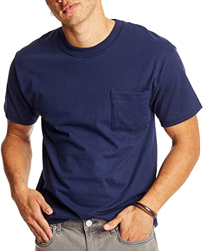 Hanes Mens Beefy-t Pocket T-shirt, Heavyweight Cotton Tee For Men, Full-cut 1 Or 2 Pack Fashion-t-shirts, Navy - 1 Pack, Large US