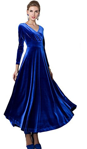 Urban GoCo Femme Vintage Velours Robe Col V Manches Longues de Soirée Cocktail Longue (S, Bleu Foncé)