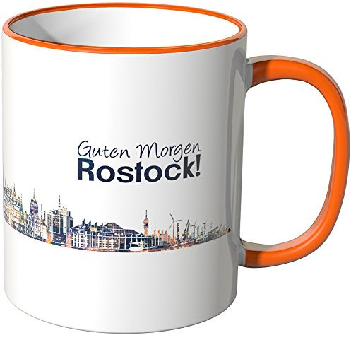 WANDKINGS® Tasse, Schriftzug Guten Morgen Rostock! mit Skyline bei Nacht - ORANGE