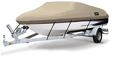 MSC Heavy Duty 600D Marine Grade Polyester Canvas Trailerable Waterproof Boat Cover,Fits V-Hull,Tri-Hull, Runabout Boat Cover (Model C - Length:16'-18.5' Beam Width: up to 94, Beige)