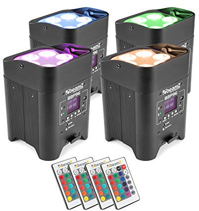 beamz BBP96 Battery Powered Par Uplighters with Wireless DMX - Set of 4 RGBAW-UV LED Wall Wash Lights, Portable Wireless Lighting Kit for Events, Weddings & Stage Effects