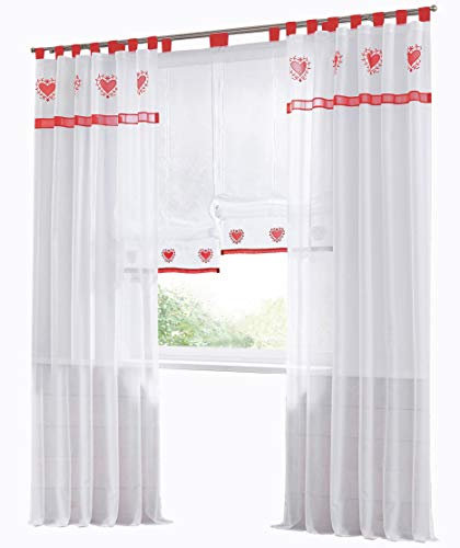 BAILEY JO 1er-Pack Gardine mit Herz Muster Gardineschal Stickerei Transparent Voile Vorhang (BxH 140x225cm, Rot mit Schlaufen)
