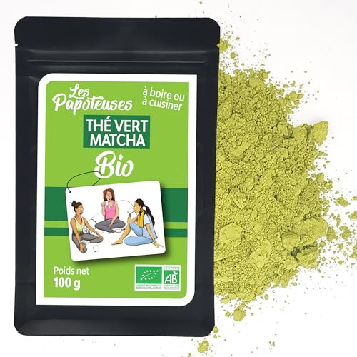 LES PAPOTEUSES | Matcha Bio Pulver 100g | Grüner Tee MatchaTeePulver Ceremonial Grade | 100% natürlich & Premium Qualität | Detox Tee | Kompatibel mit Matcha Set, Besen, Schale und Glas.