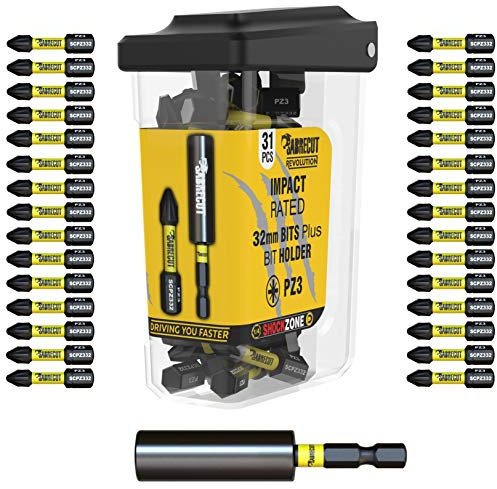 31 x SabreCut SCRPZ33231B 32mm PZ3 and 60mm Impact Bit Holder Magnetic Impact Screwdriver Driver Bits Set Single Ended Pozi Pozidriv