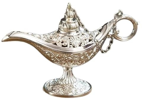VOANZO Metall geschnitzt Aladdin Magic Vintage Home Tee Öl Topf arabische Kunst Handwerk Geschenk seltene Retro Legende Farbe Aladdin Genie Licht (Silber)