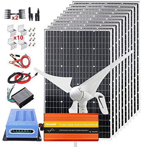 Kit de turbina de Viento Solar de 1400W, Kit Completo de 12V con inversor de 2000W: generador de turbina de Viento de 400W + 10 Paneles solares monocromáticos de 100W +Controlador MPPT+Cables+Soporte
