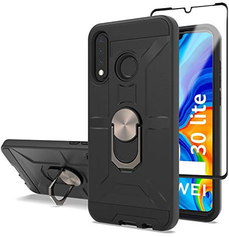 Cuoqing Funda Huawei P30 Lite con Cristal Vidrio Templado, 360 Grados Proteccion Hard PC y Silicona TPU Carcasa Antigolpes Case para Huawei P30 Lite (Negro)