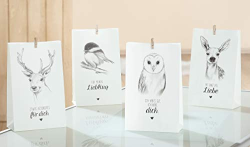 Gilde - 41270 - Papier Geschenktüten, Heimatliebe, 4er Set, Meise, Eule, Hirsch, Reh, 18cm x 28cm x 8cm, mit Holzwäscheklammmer als Verschluß