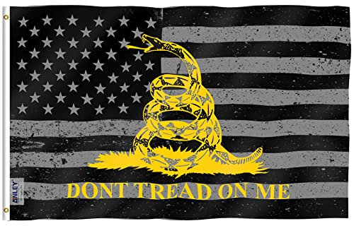Anley Fly Breeze 3x5 Fuß Nicht auf mich treten Gadsden Schwarze amerikanische Flagge - Canvas-Header und Doppelnähte - Patriotische gelbe Schlange USA-Flaggen Polyester mit Messingösen 3 X 5 Ft
