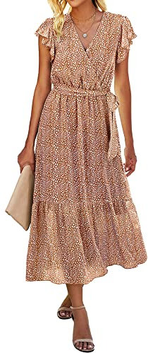 SEVETAT Damen Chiffon Boho Lange Kleid mit Gürtel Sommerkleid Partykleid Elegant V-Ausschnitt Maxikleid Blumenkleid Abendkleid Rüschen Strandkleid Cocktailkleid (Kaffeefarbe, M)