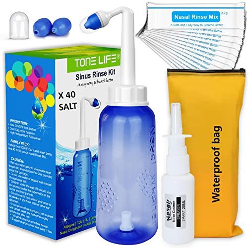 40 Nasenspül-Mix + Neti-Topf | Nasenspülflasche 300 ml Sinusspülflasche mit Nasenwaschsalz + Nasenspray mit wasserdichter Aufbewahrungstasche