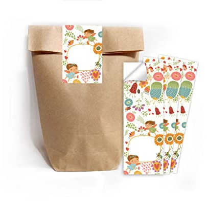 Junapack 12 Geschenktüten (Natur) + 12 Aufkleber Feen für Mitgebsel Gastgeschenk beim Kindergeburtstag Mädchen