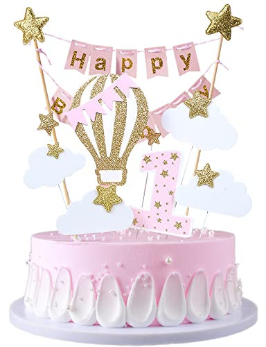 JKJF 1 Geburtstag Tortendeko Mädchen 1. Geburtstag Kuchen Topper Happy Birthday Banner Girlande Kuchendeko Cake Toppers für Baby Kindergeburtstag - Rosa