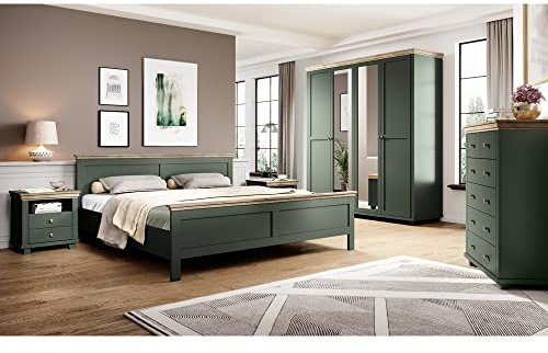 Schlafzimmer Komplett Set Landhaus grün Eiche Doppelbett Bettgestell Liegefläche 180 x 200 cm Kleiderschrank Spiegeltüren Kommode Nachttisch Nachtschrank