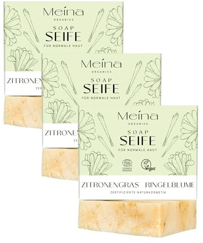 Meina Naturkosmetik - Naturseife mit Zitronengras, Kurkuma und Ringelblume, Bio Seife ohne Palmöl, Zertifiziert, Vegan, Nachhaltig, Handgemacht, Wie ein festes Duschgel - 100g