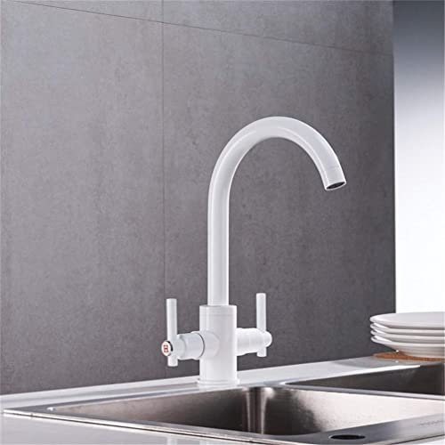 SENNIAN Beige Farbe Küchenarmaturen Doppelhände Runde Waschbecken Wand in Wasserhähne 360 drehbarer Doppelgriff Mix Wasserhahn mit Belüfter Deck montiert,Weiß