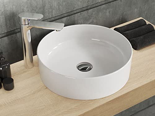 Aqua Bagno | Rundes Aufsatzwaschbecken weiß glänzend, Keramikbecken, Waschschale, Handwaschbecken | 42 cm breit