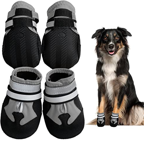 NeuWook Hundeschuhe, 4er-Set wasserdichte Hundeschuhe Anti-rutsch Hundestiefe mit reflektierendem Riemen, Breathable Hundestiefel Pfotenschutz für Kleine Mittelgroße Hunde (XXL, Grau)
