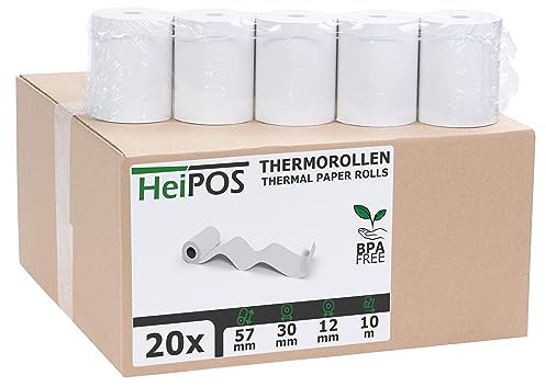 HeiGroup HeiPOS - 20x Kassenrollen Thermorollen - 57 mm x 10 m x 12 mm - 55 g/m² Papier - Für EC-Cash, Kreditkarten Kassensysteme und mehr