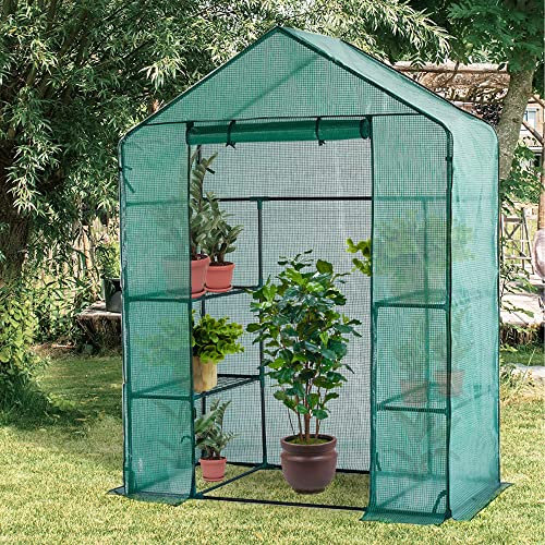 Lendo Online Serre Avec Couverture Imperméable en PE Vert - Structure en Acier Avec Porte-Plantes (143x73x195cm)